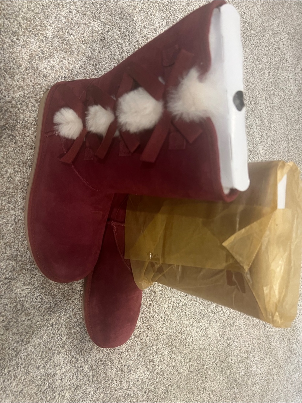 Koolaburra Burgundy Suede Winter Boots with Cream Pom-Poms